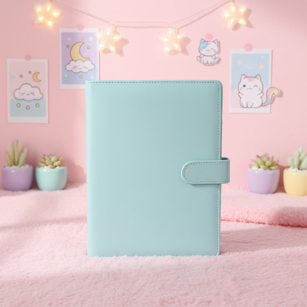 Adorable kawaii light blue leather ring binder notebook with a refillable planner design, displayed on a wooden table with soft floral accents. Perfect for journaling, planning, note-taking, school, office, and cute aesthetic stationery lovers.