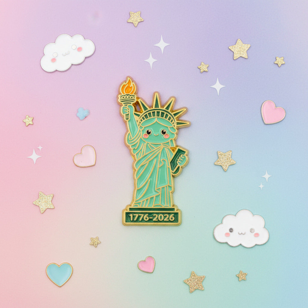 Pin with cartoon-style Statue of Liberty holding a torch and torch on a white background