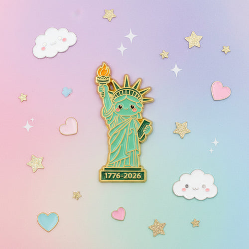Pin with cartoon-style Statue of Liberty holding a torch and torch on a white background