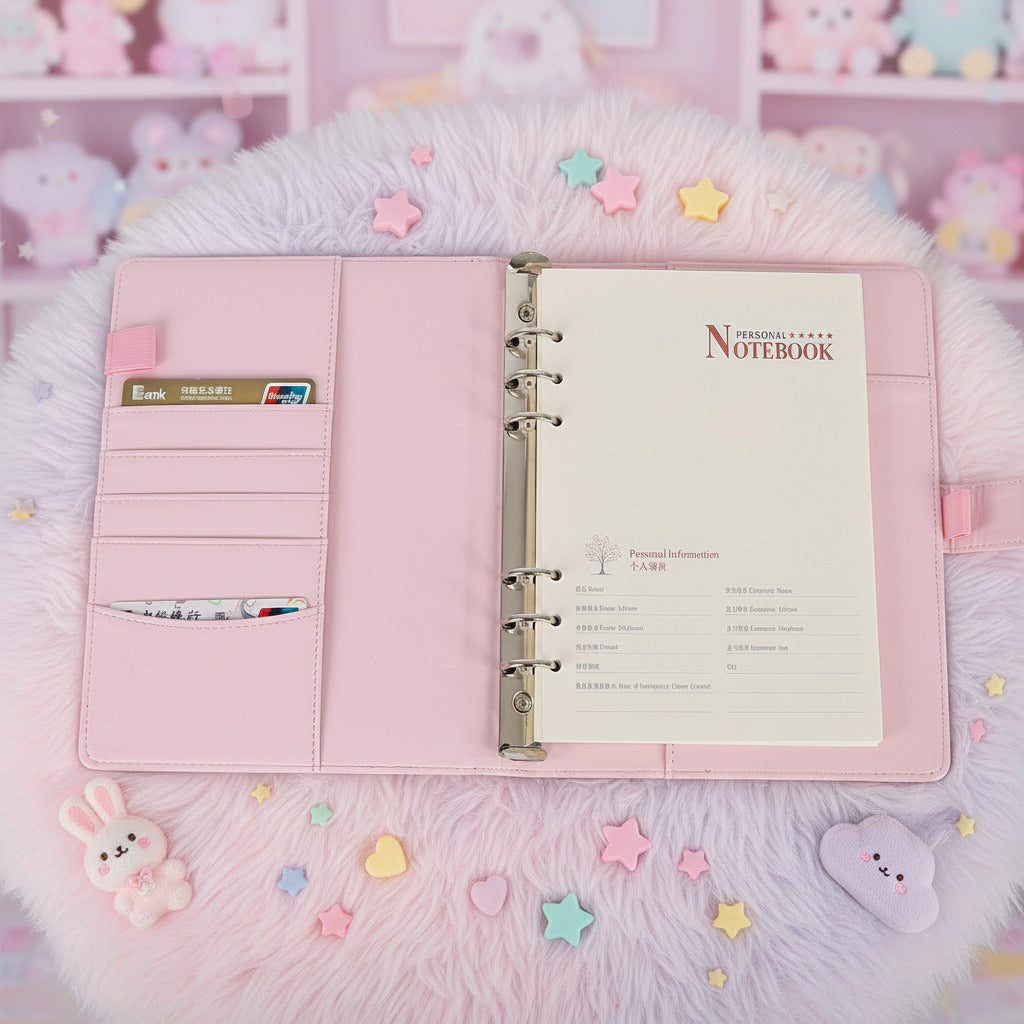 Pink notebook with pen holder and card slots on a fuzzy surface with soft kawaii items.