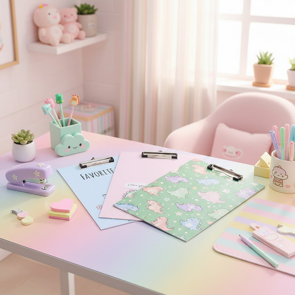 Set of colorful clipboards with dinosaur illustrations on a pink background