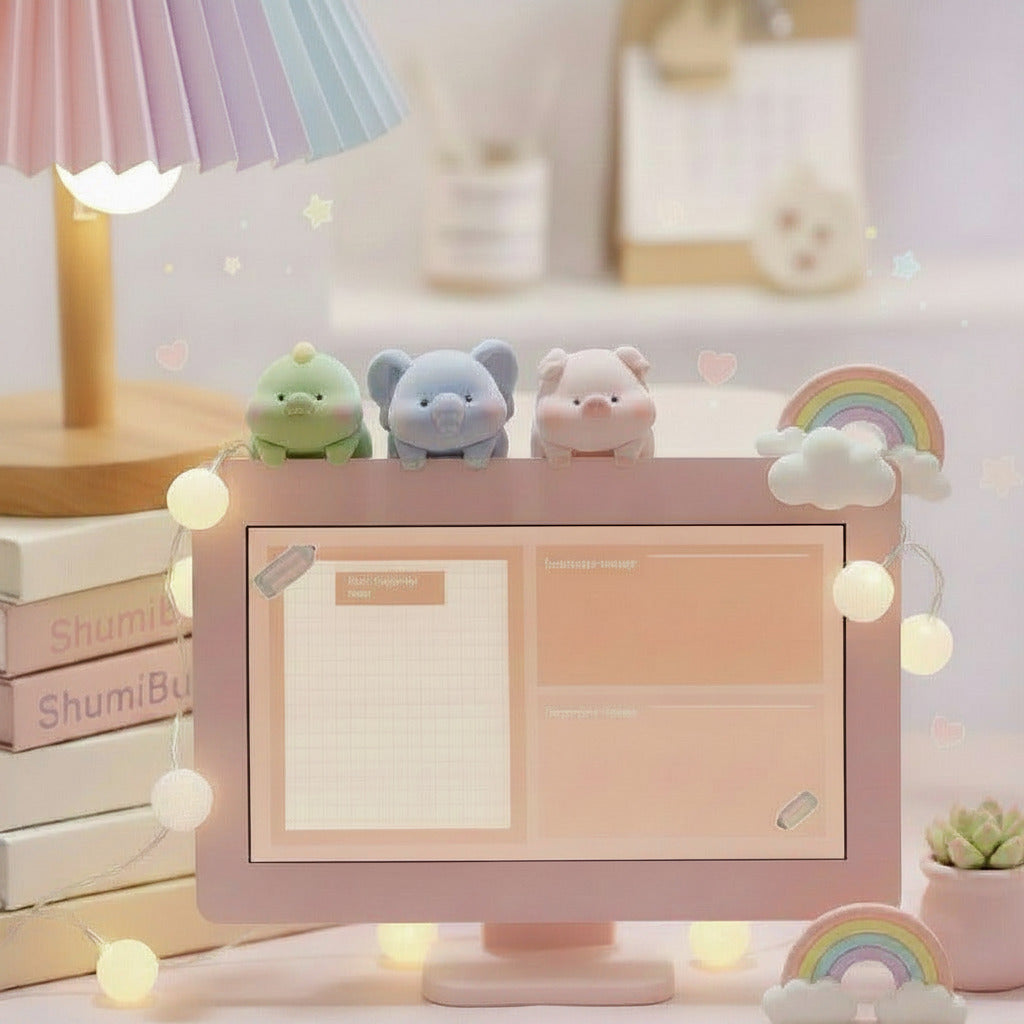 Three cartoon animal figurines (green, blue, pink) on a surface with a blurred background.
