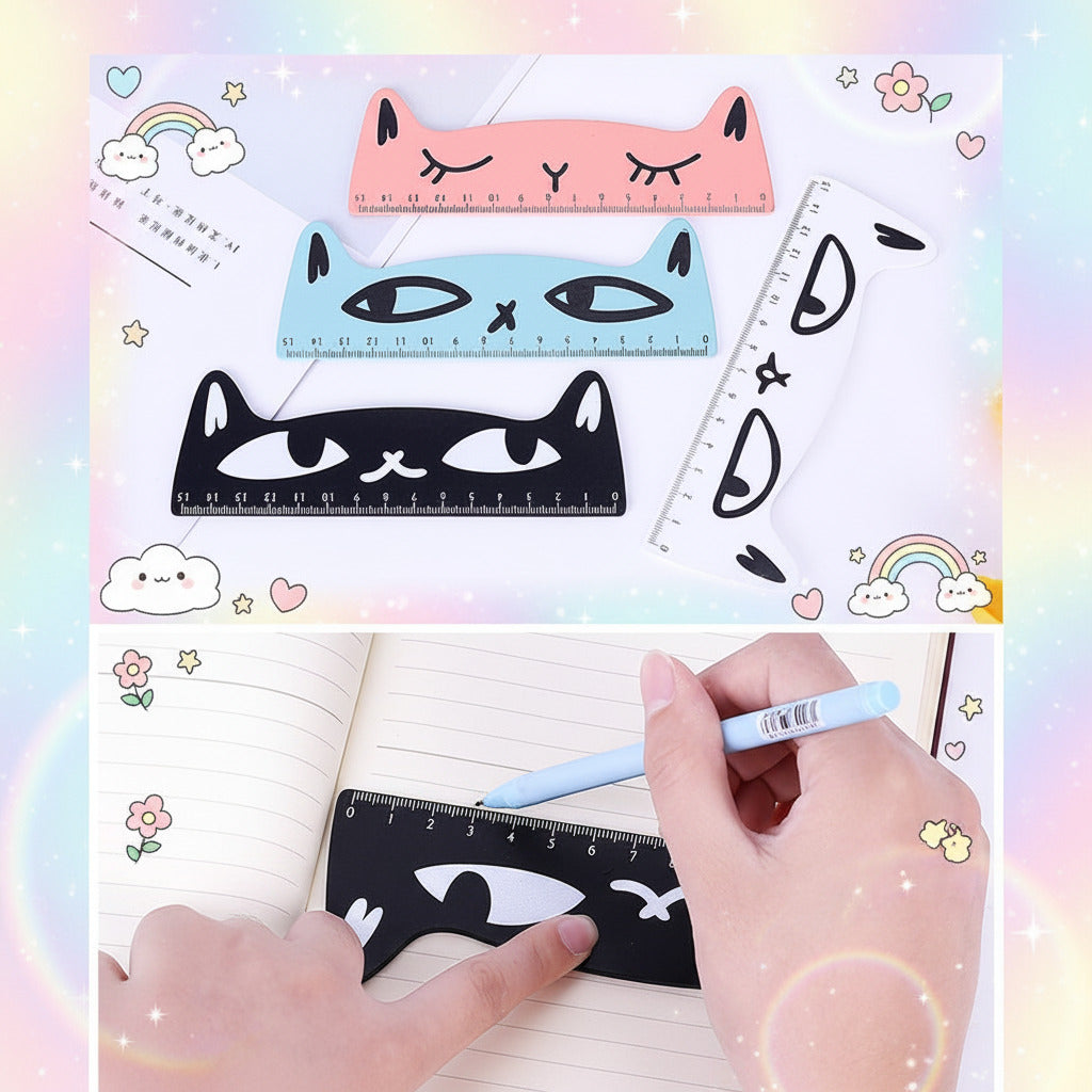 Kawaii 15cm candy color animal ruler with adorable cartoon design in pastel colors for cute school supplies and aesthetic stationery. Pictures shows someone using rulers.