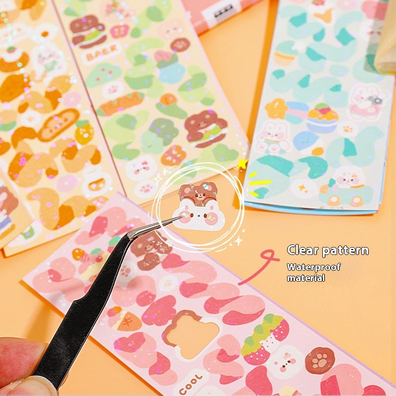Set of colorful sticker sheets with cartoon designs on a yellow background