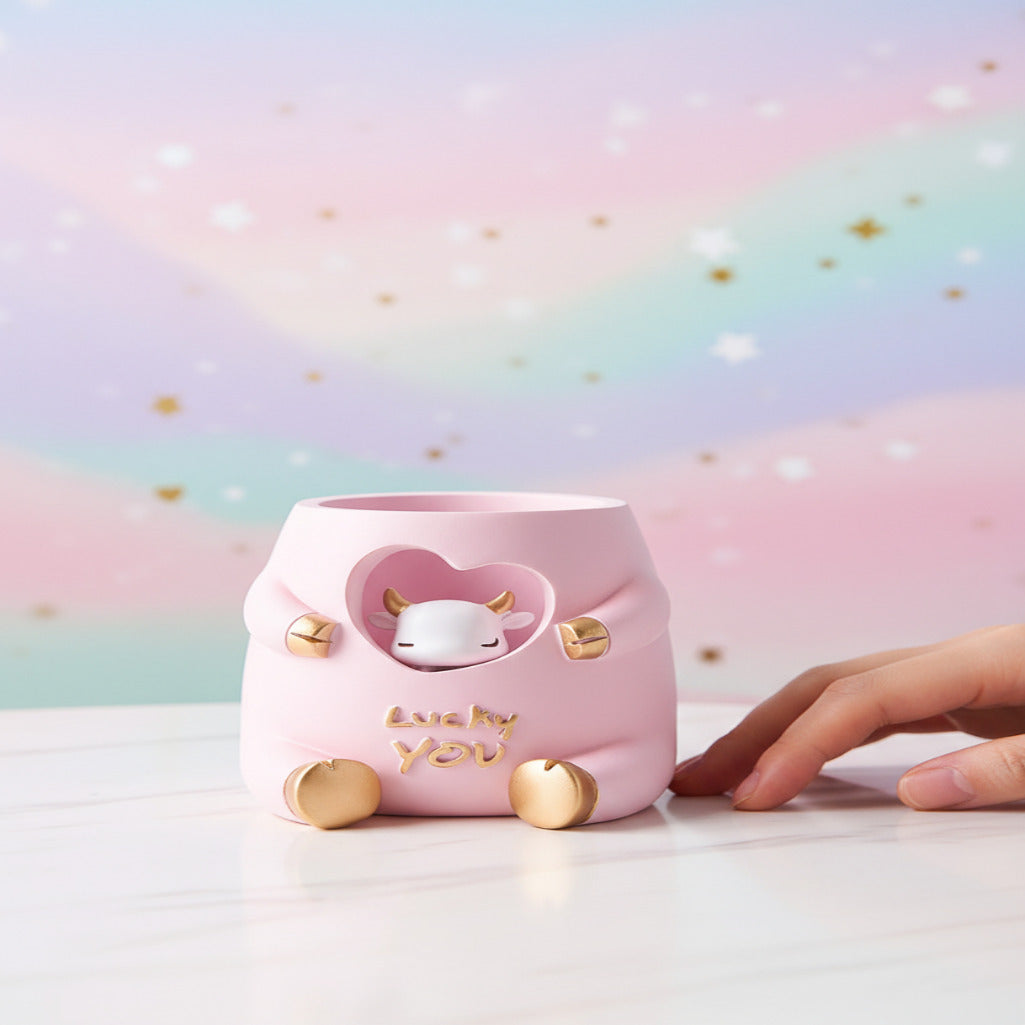 Pink cow-shaped pen holder with stationery items on a light blue background