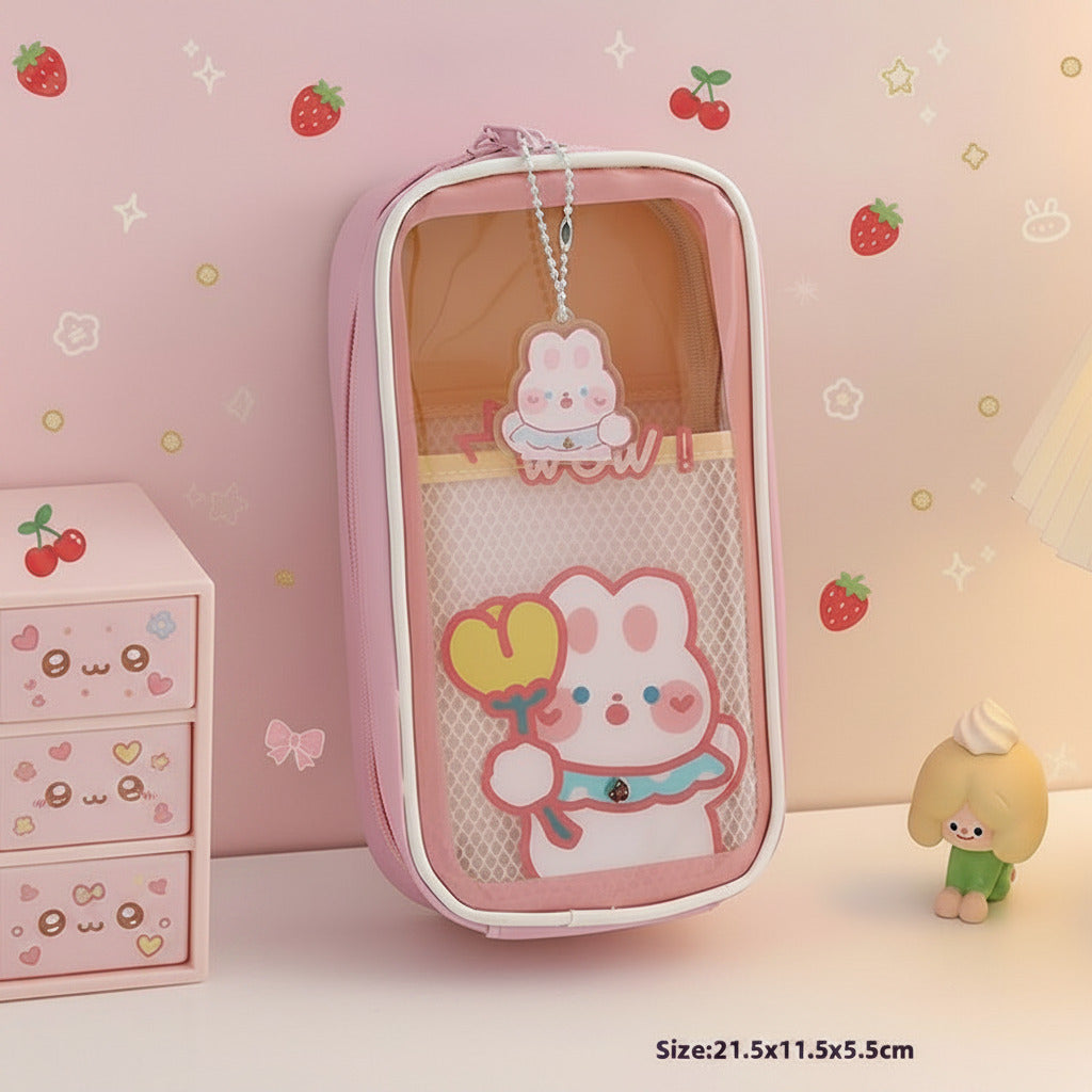 Cute kawaii cartoon stationery large-capacity pencil cases in pastel colors displayed on a desk with decorative accessories, perfect for organizing pens, pencils, markers, school supplies, and office stationery.
