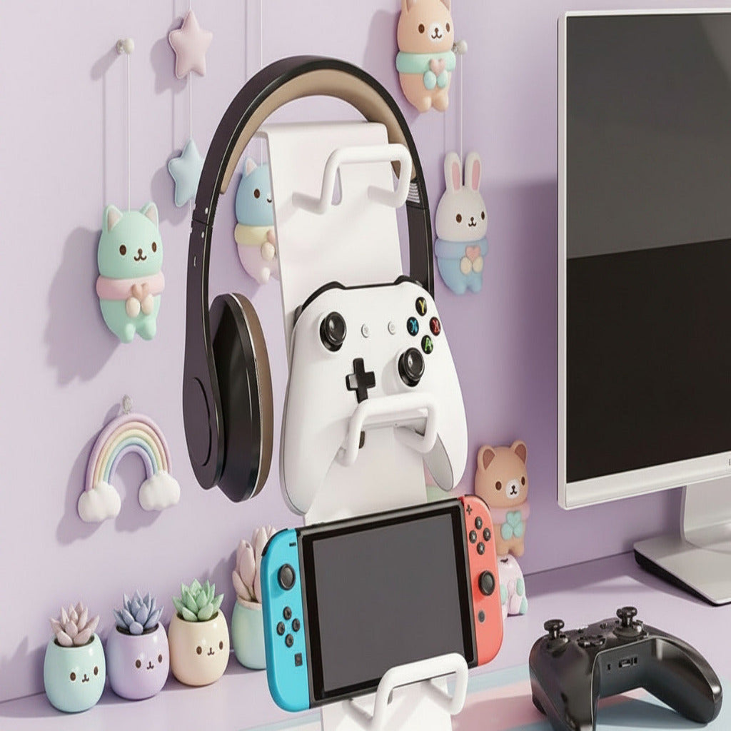 White multi-device stand holding a smartphone, gaming console, and controller on a kawaii desk.