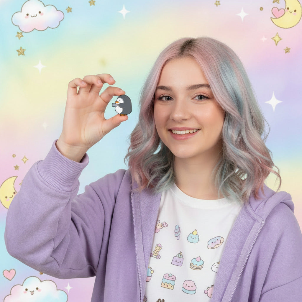 Cartoon penguin holding a phone on a white and pastel background