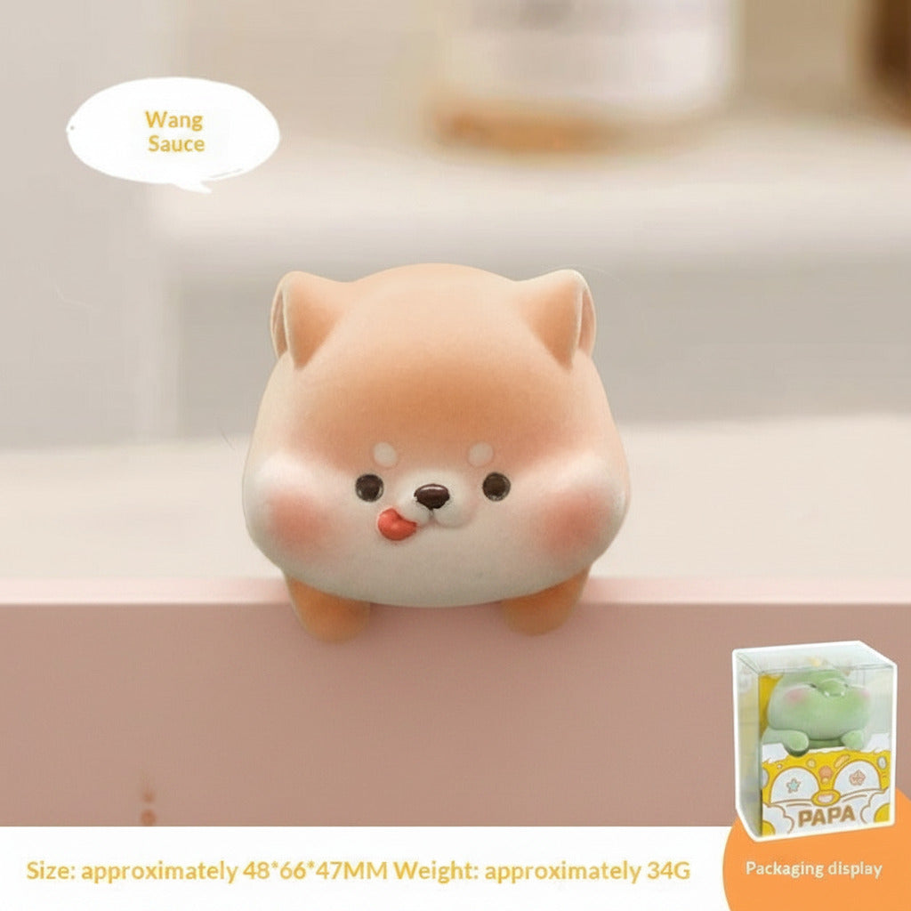 Cute cartoon dog-shaped product with 'Wang Sauce' text on a blurred background