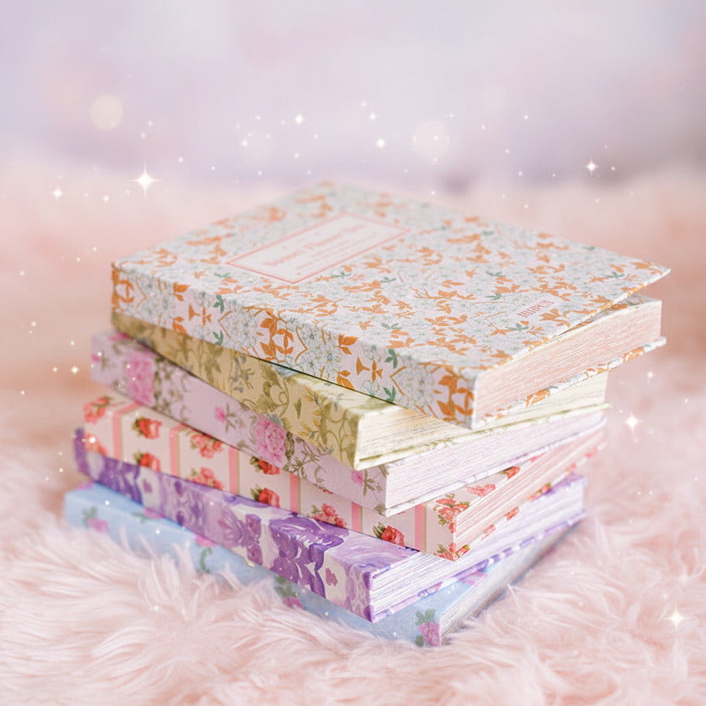 Stack of floral notebooks on a wooden surface with a piano in the pastel background