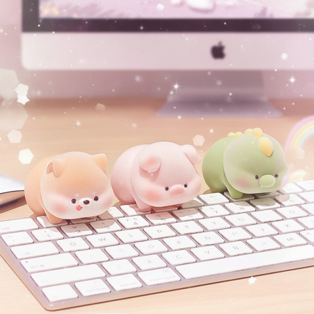 Three small animal figurines on a keyboard with a computer monitor in the background