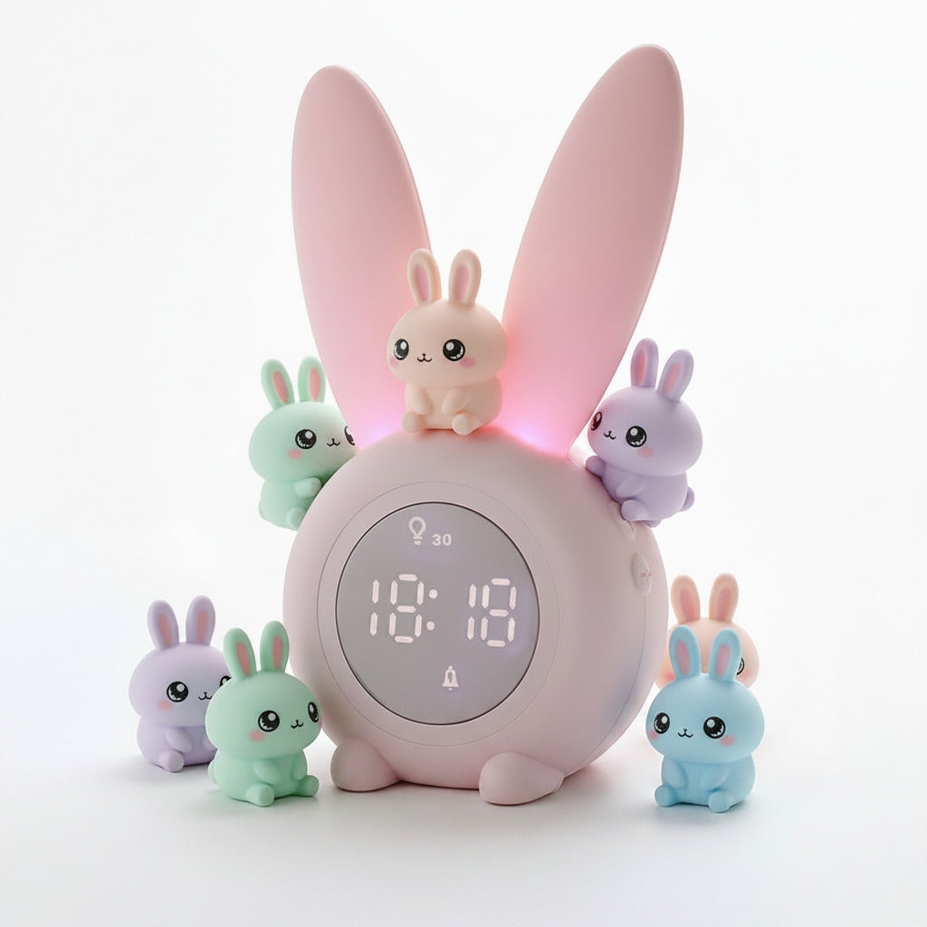 Pink rabbit-shaped clock with digital display on a white background