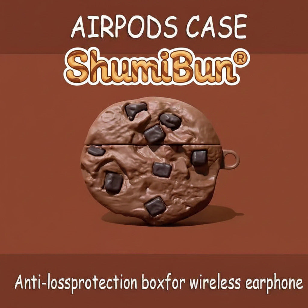 A 3D-rendered AirPods case shaped like a chocolate chip cookie, shown on a brown background with text reading 'AIRPODS CASE' at the top and 'Anti-lossprotection boxfor wireless earphone' at the bottom.