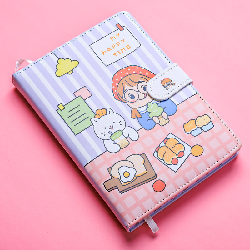 Pink checkered notebook with cartoon design on a pink background