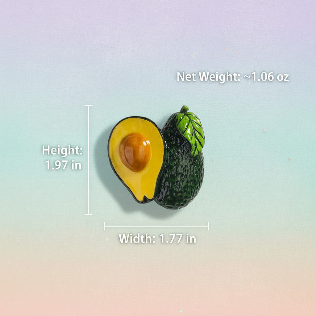 A ceramic avocado-shaped wall decor piece shown on a plain light background with dimension lines and text indicating 5 cm height, 4.5 cm width, and net weight about 30g.