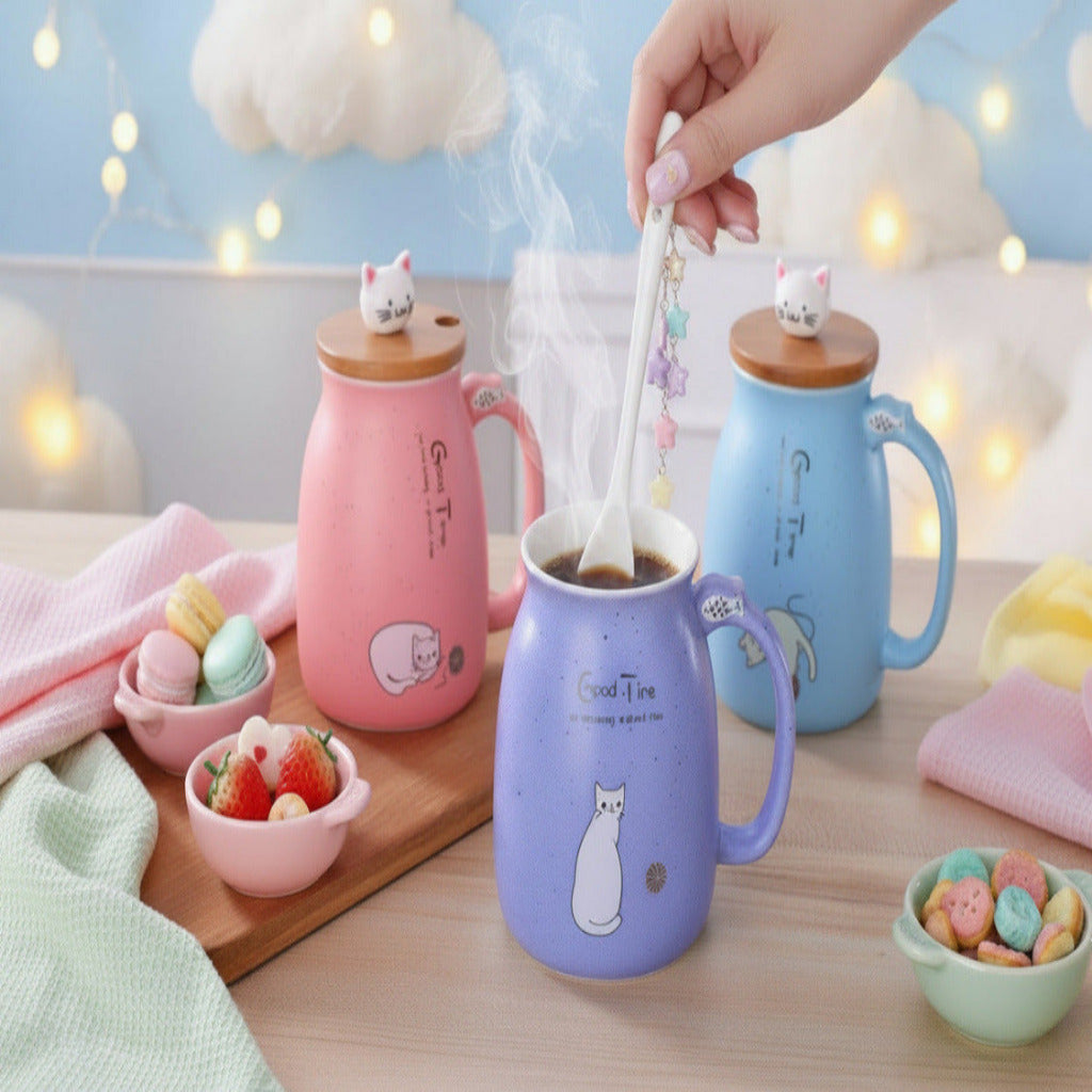 A ceramic coffee mug in lavender purple in the foreground, with a hand holding a spoon inside. Two more mugs, one pink and one light blue, are visible in the background on a wooden table.