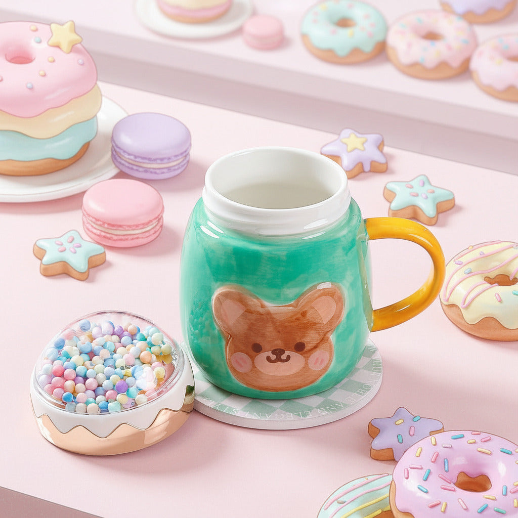 A ceramic mug with a mint green body, yellow handle, and a brown bear face on the front, sitting on a coaster on a white tabletop. A small egg-shaped container filled with pastel beads is beside it.