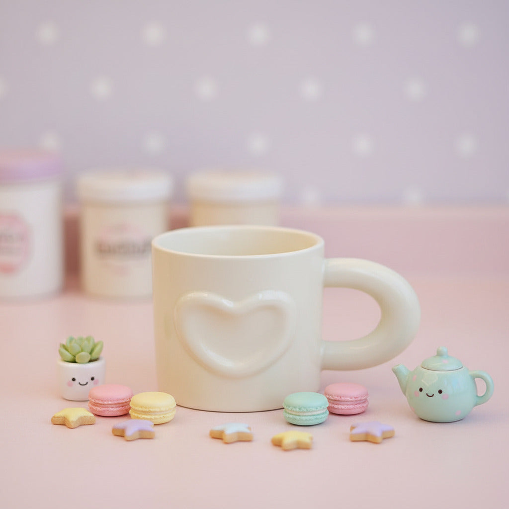 A cream-colored ceramic mug with a raised heart design on the side, resting on a light wooden table next to a yellow fruit, with a soft-focus beige background.