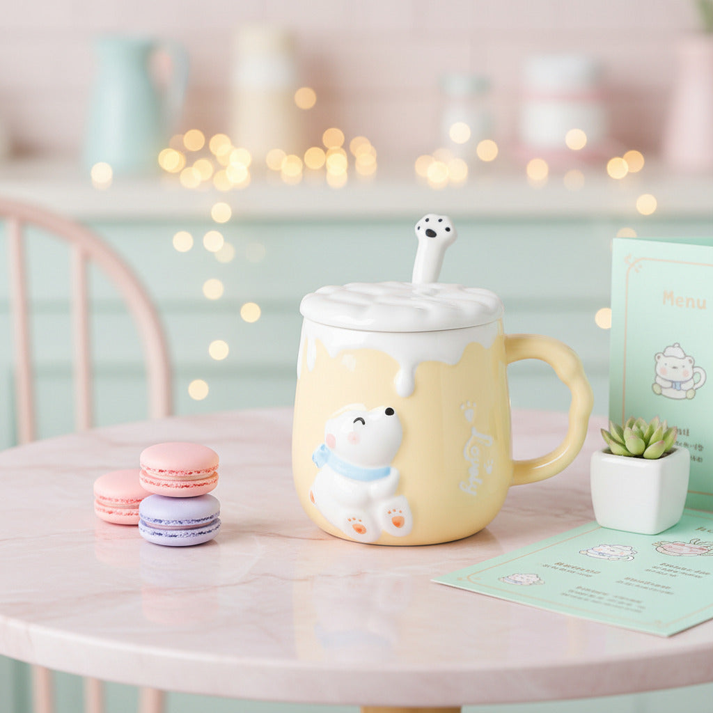 A cute ceramic mug with a lid, featuring a polar bear design and a spoon handle shaped like a paw. The mug is pale yellow with white dripping details and a blue scarf on the bear.