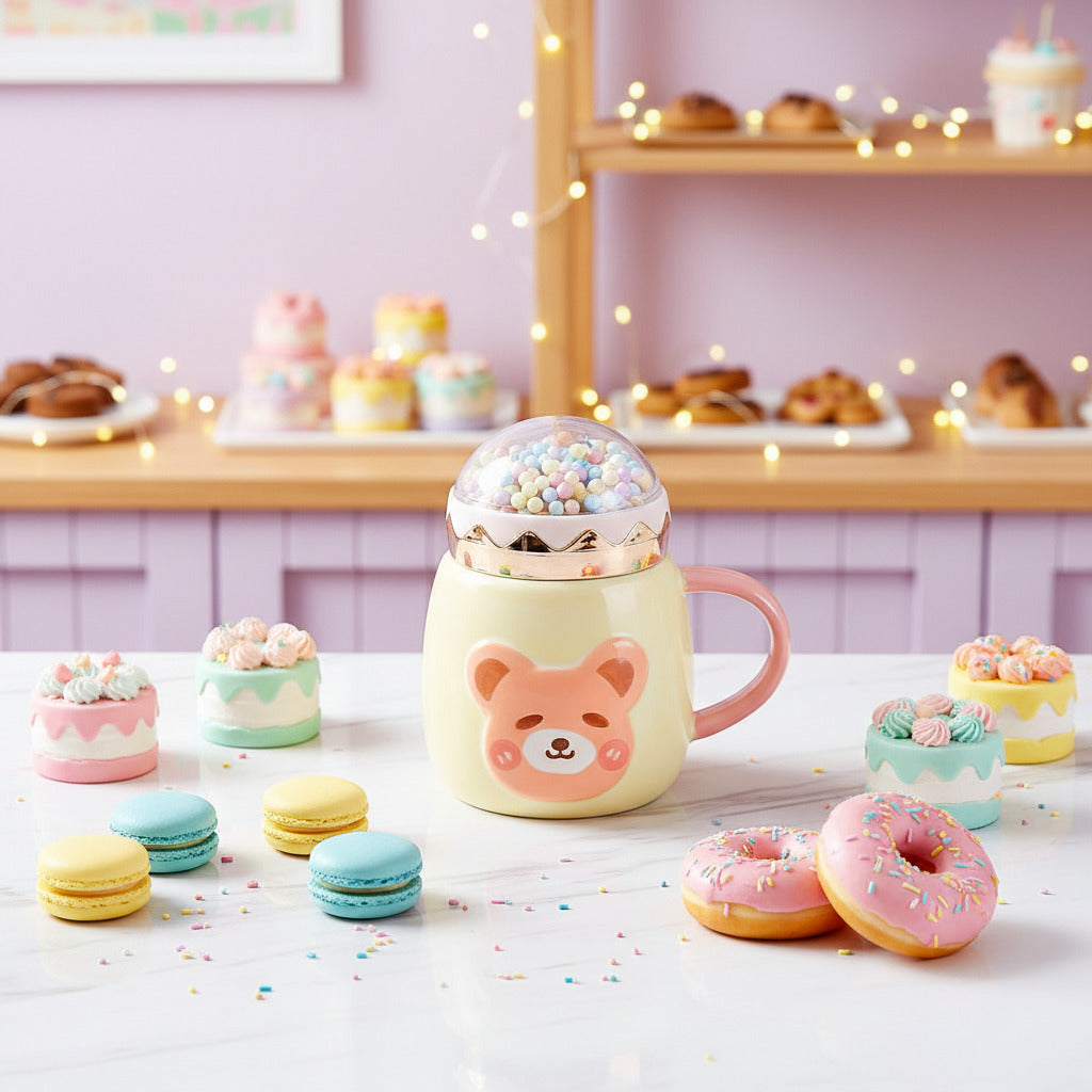 A cute pastel yellow ceramic mug with a pink bear face and a matching pink handle, topped with a clear dome container filled with multicolored candy-like beads. The mug sits on a patterned coaster on a white table with coffee beans and pink curtains in the background.