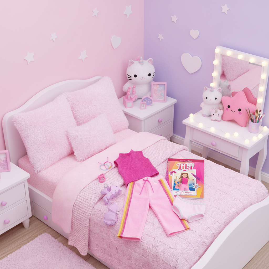 A doll clothing and accessories set arranged on a white background, including a bright pink sleeveless top, pink pants with yellow and white side stripes, pink underwear, lavender sandals, pink rings, and bracelets, alongside an America's Rest Lila 'My Journal' book.
