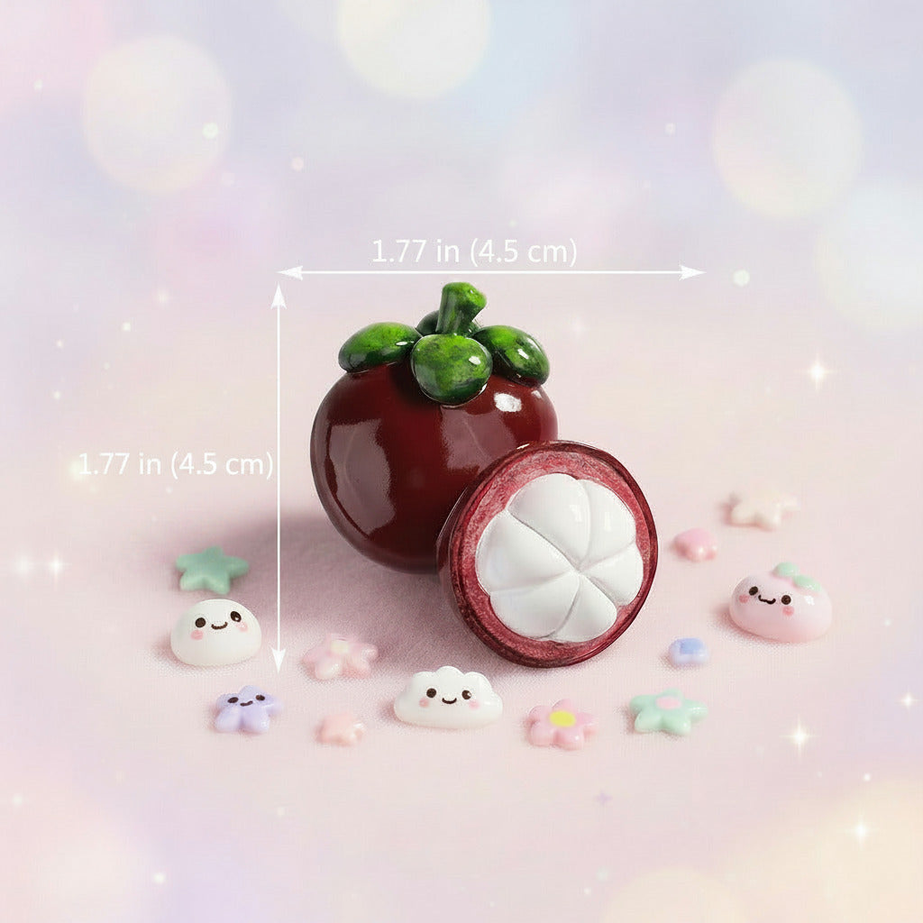 A glossy ceramic fruit-shaped item resembling a red mangostam with green stem detail and a cut-open cross-section showing white flesh, photographed on a light gray background with dimension lines and text reading BX048, 4.5cm, and net weight about 39g.
