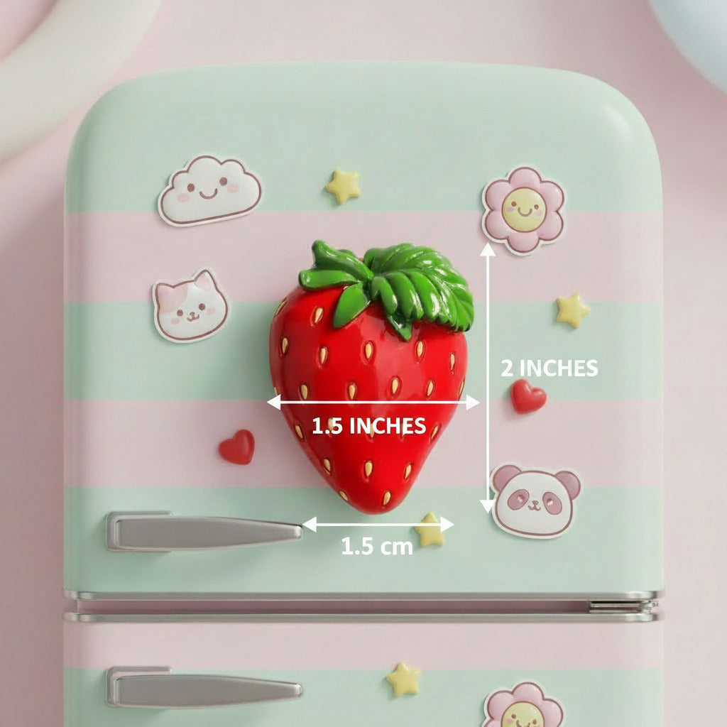 A glossy red strawberry-shaped item with green leaves on top, shown on a light gray background with dimension lines indicating 5 cm height and 3.7 cm width, plus text reading BX044 and net weight about 28g.