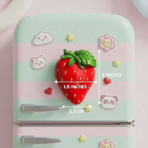A glossy red strawberry-shaped item with green leaves on top, shown on a light gray background with dimension lines indicating 5 cm height and 3.7 cm width, plus text reading BX044 and net weight about 28g.