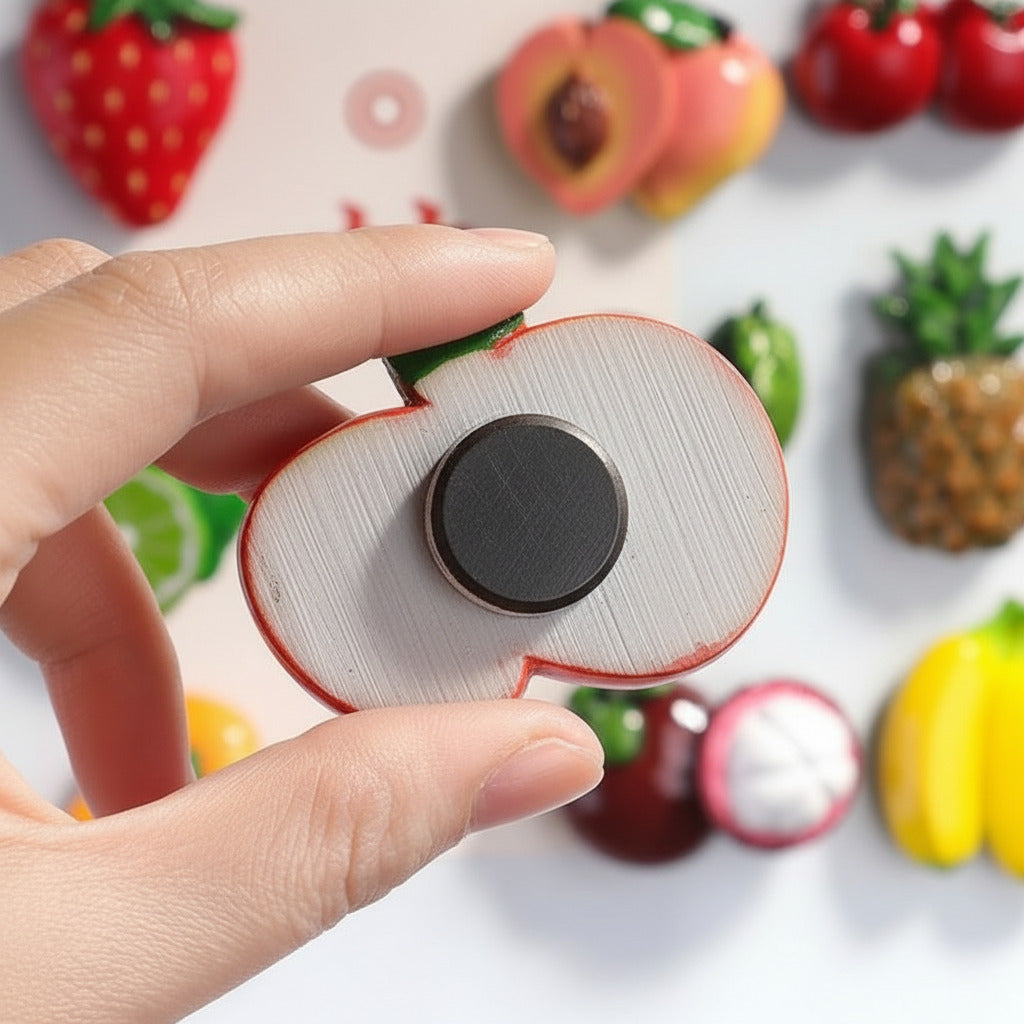 A hand holding a small fruit-shaped refrigerator magnet, specifically an apple magnet with a brushed silver metal back and a dark circular magnet in the center. Other colorful fruit magnets, including strawberries, peaches, a pineapple, and bananas, are blurred in the background on a white surface.
