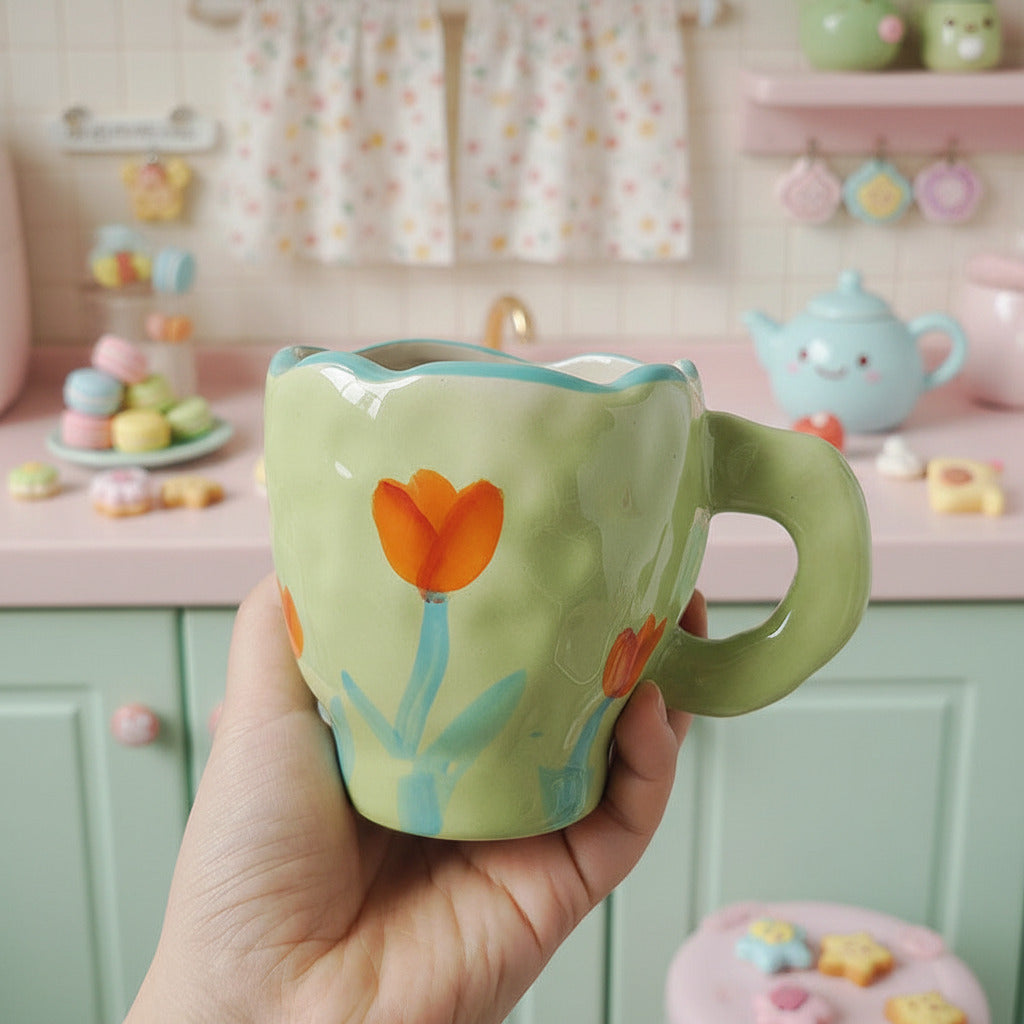A hand holds a light green ceramic mug decorated with a bright orange tulip and blue stems, with a woven basket in the background.