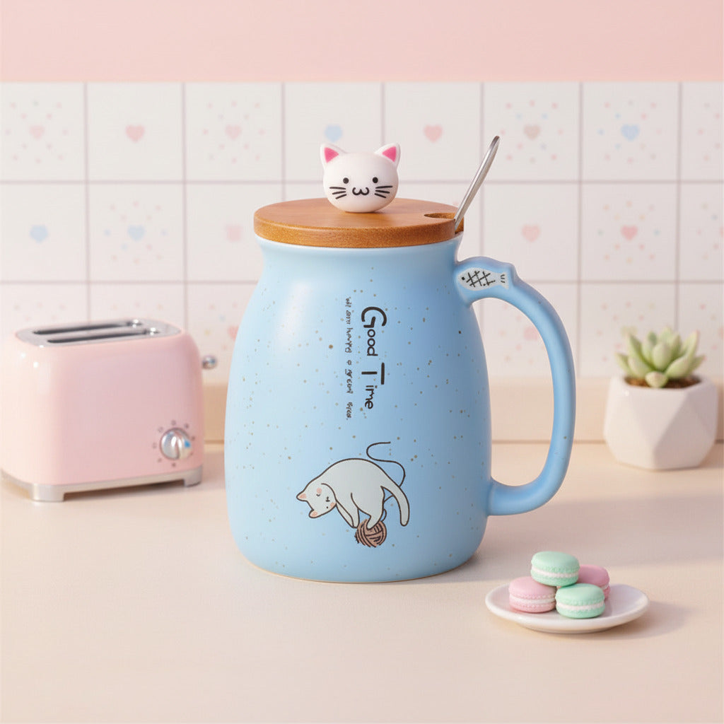 A light blue ceramic mug with a wooden lid, a small white cat figurine on top, and a metal spoon, shown on a tabletop with a blurred indoor background.