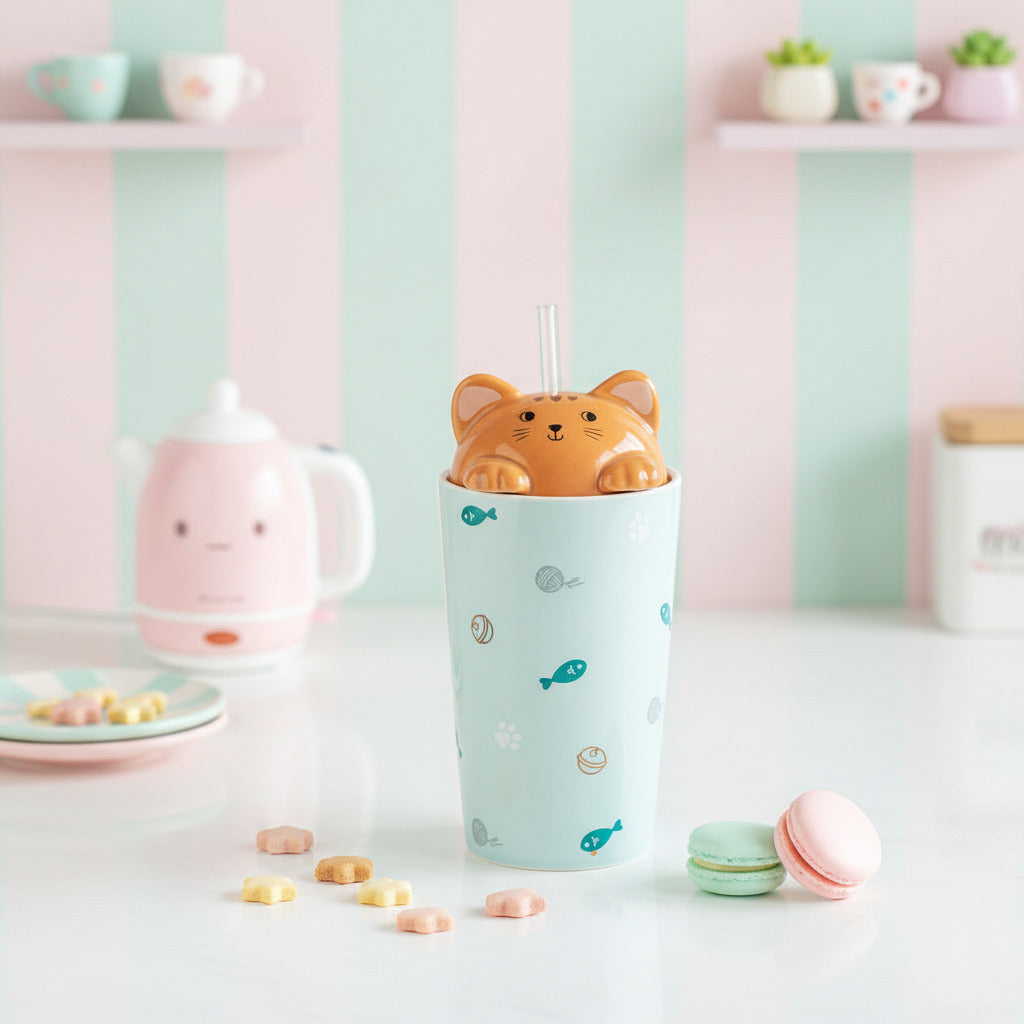 A light blue tumbler cup with a cat-shaped orange lid and clear straw, decorated with small fish and shell motifs, set on a white tabletop with an open book and pretzels in the background.