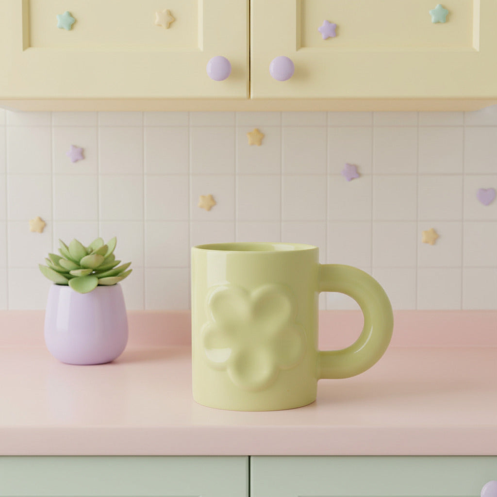 A light green ceramic mug with a rounded handle and a raised flower-like embossed design on the front, shown against a plain white background.