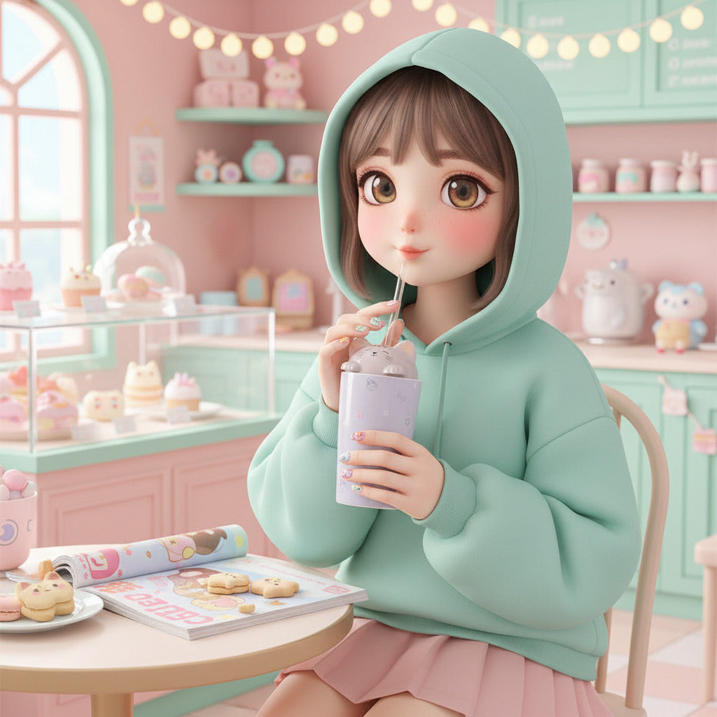 A person holds a light lavender cat-shaped tumbler cup with a clear straw. The cup has a cute cartoon cat face on top and small pastel animal illustrations.