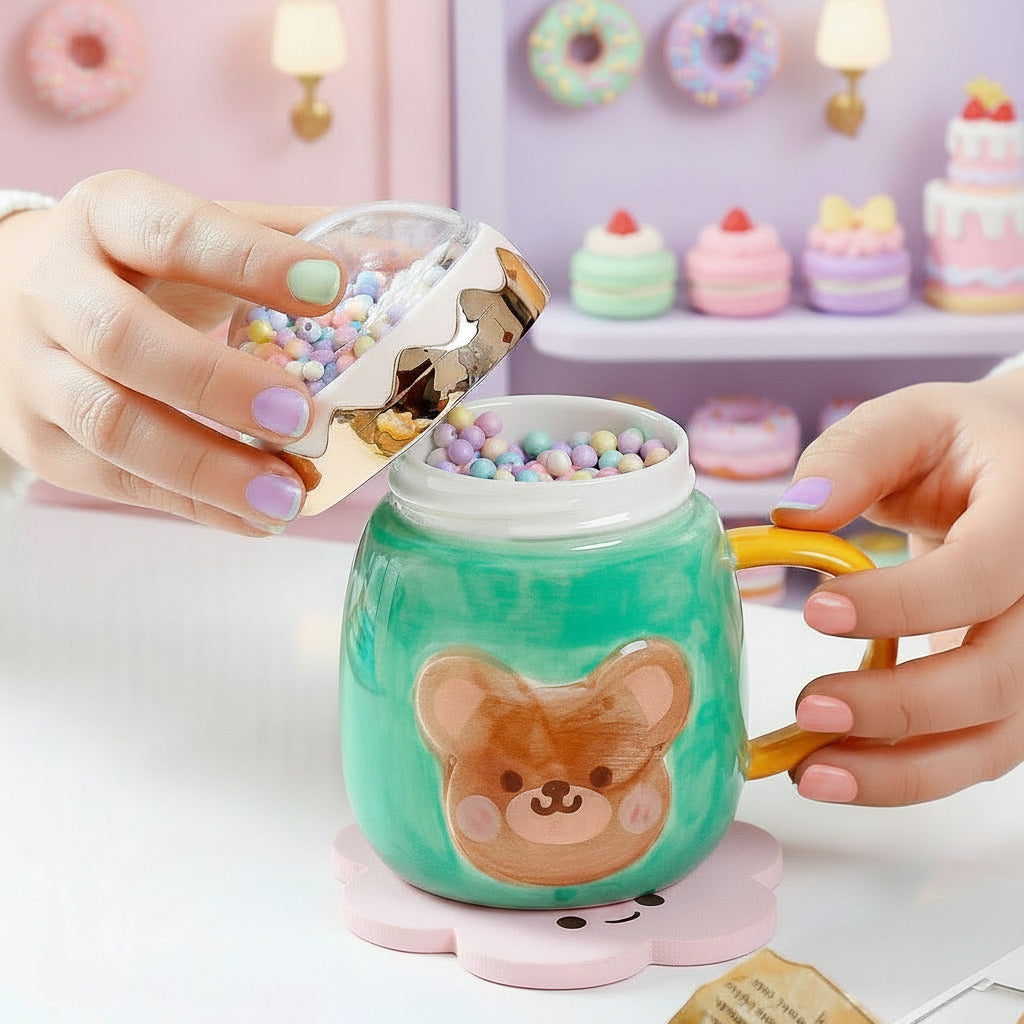 A person holds a small ceramic mug with a turquoise green body, a brown bear face illustration, and a yellow handle. The mug sits on a patterned coaster while the person pours colorful candy from a clear container with a metallic lid.