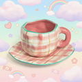 A pink and white plaid ceramic cup with a matching saucer, featuring a mint green rim and handle accent.