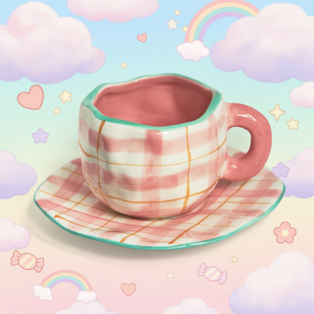 A pink and white plaid ceramic cup with a matching saucer, featuring a mint green rim and handle accent.