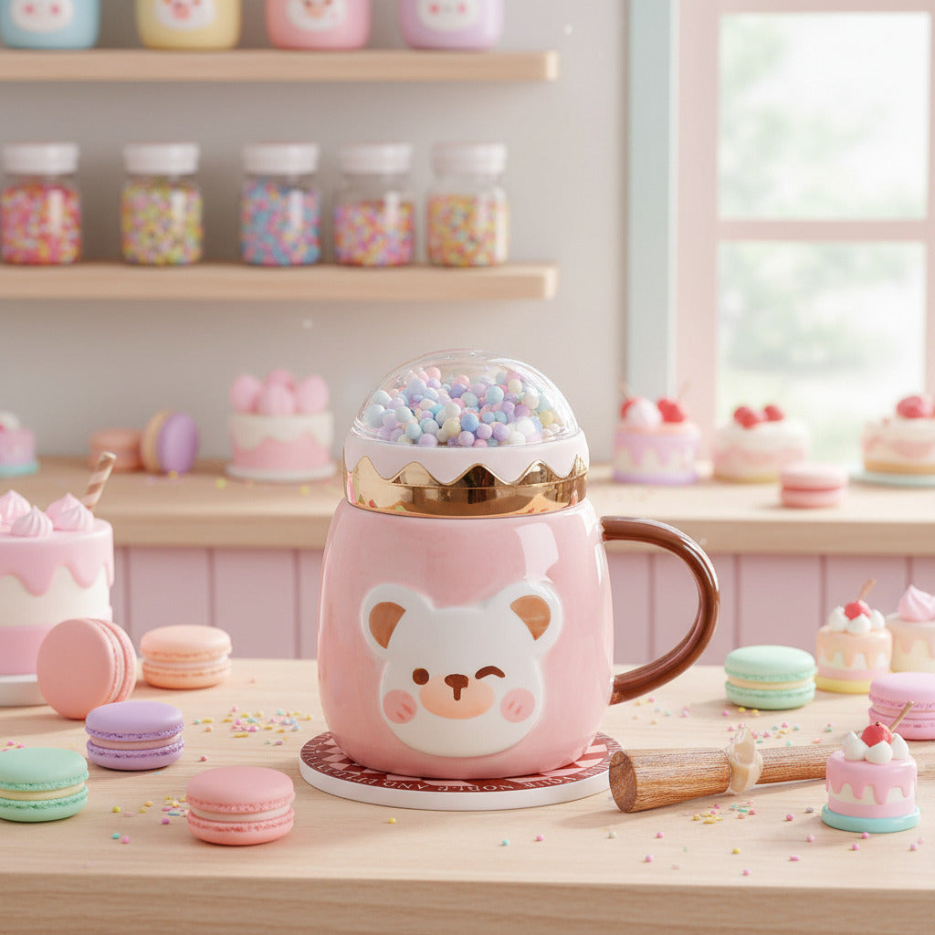 A pink ceramic mug with a cartoon bear face, a brown handle, and a top dome filled with pastel candy-like beads. A small wooden spoon rests beside the mug on a white background.