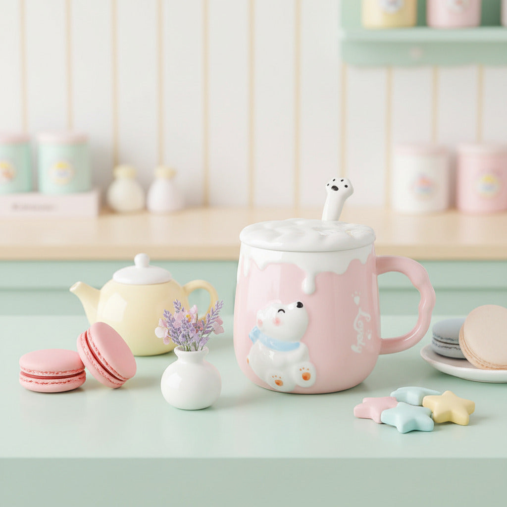 A pink ceramic mug with a white polar bear decoration and a white lid featuring a small bear-shaped spoon handle, shown on a light blue background with two macarons beside it.