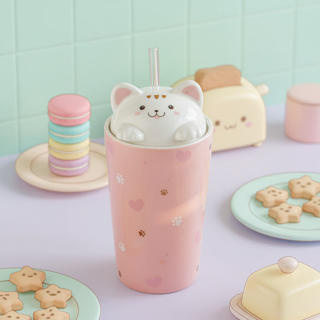 A pink ceramic tumbler with a white cat-shaped lid and straw, decorated with small hearts and paw prints, set on a white tabletop with an open book and pretzels in the background.