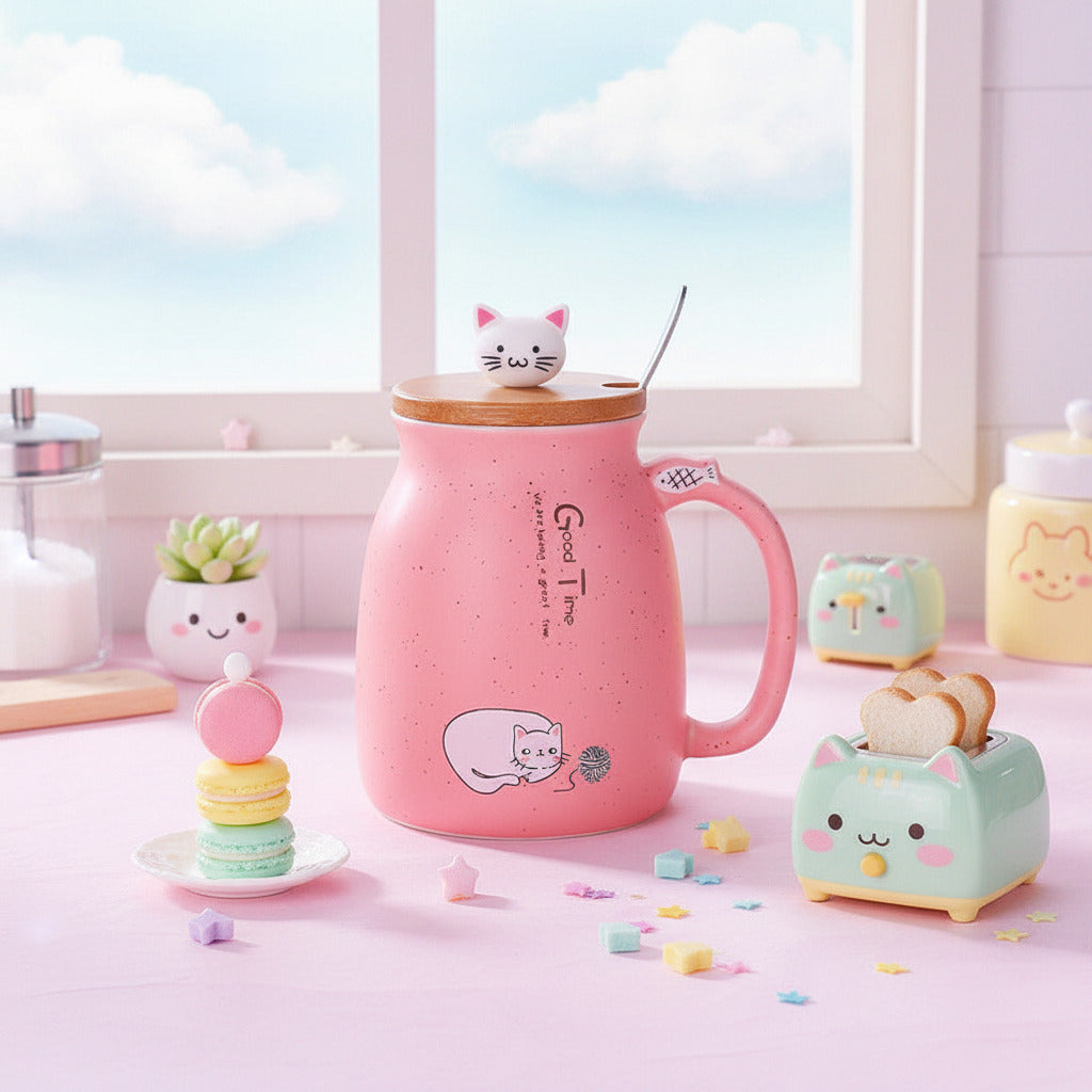 A pink speckled ceramic mug with a wooden lid, a small white cat figurine on top, a pink handle, and a metal spoon. The mug has a cartoon cat illustration and the text 'Good Time' printed on the front, set on a wooden table with a blurred kitchen background.