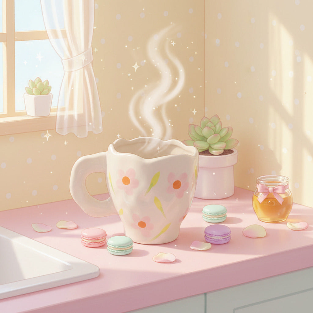 A small ceramic mug with a scalloped rim and a C-shaped handle, decorated with hand-painted pink flowers and green leaves on a cream-colored glaze, set against a plain white background.