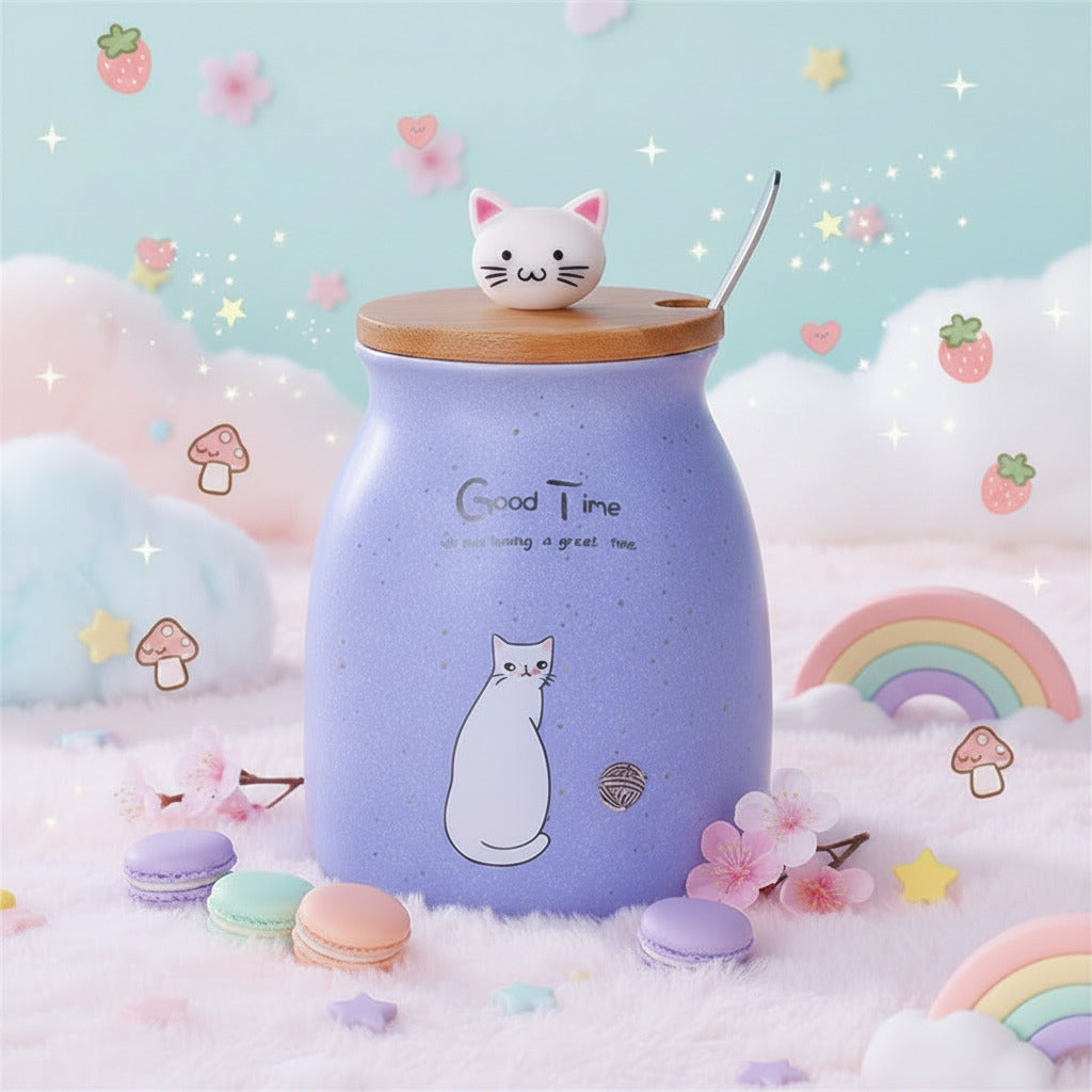 A speckled light purple ceramic mug with a wooden lid, a small white cat figurine on top, a matching handle, and a metal spoon. The mug features a white cat illustration and the text 'Good Time' on a light wood tabletop with a blurred kitchen background.
