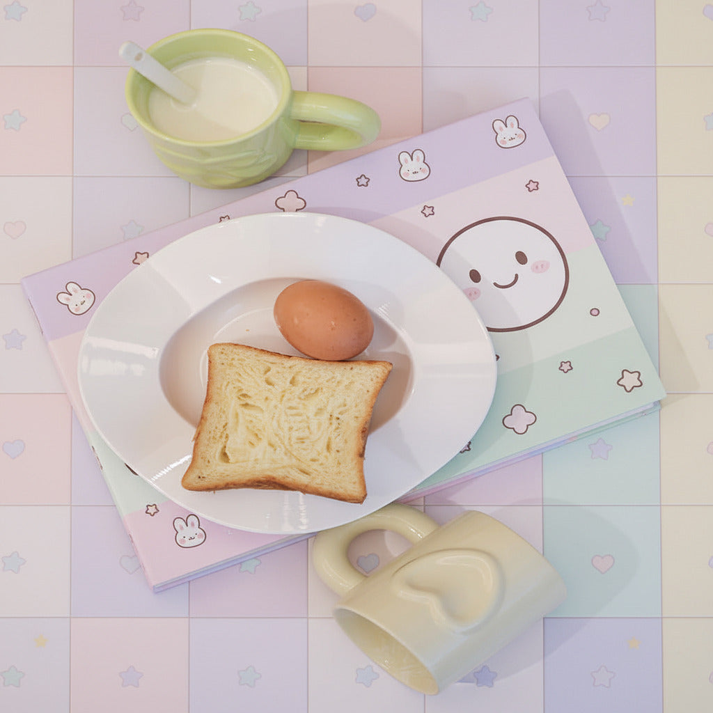 A styled breakfast flat-lay featuring a white ceramic plate with a slice of toast and a brown egg, placed on a magazine with the word 'CEREAL'. Surrounding the plate are a light green mug with a spoon and milk, and a cream-colored ceramic mug with a heart-shaped handle, all set on a textured beige blanket.