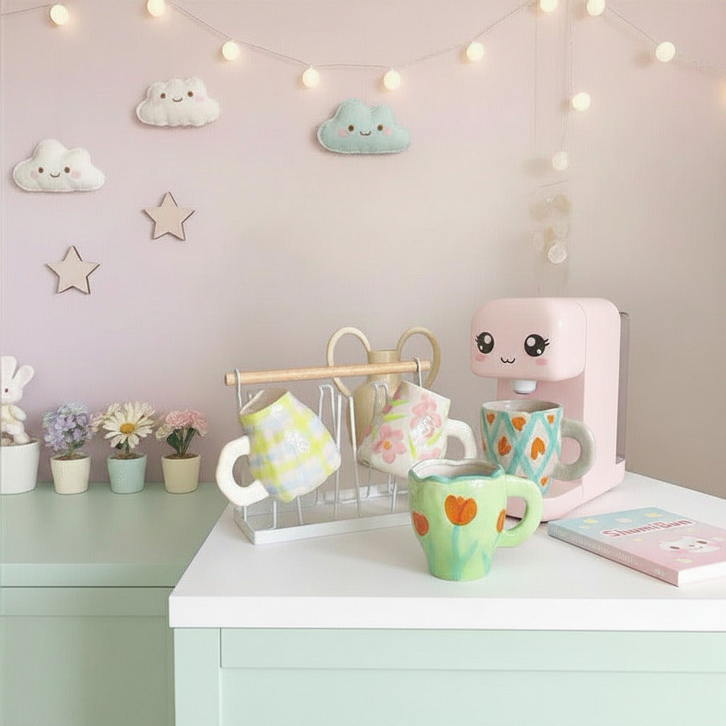 A styled tabletop scene with several ceramic mugs in different floral and geometric patterns, a white coffee machine, a metal mug rack, and a book on a light neutral background.