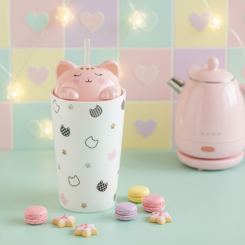 A white ceramic tumbler with cute black and pink cat-themed patterns, featuring a pink cat-shaped lid with a clear straw, styled on a white tabletop with a book and dried flowers in the background.