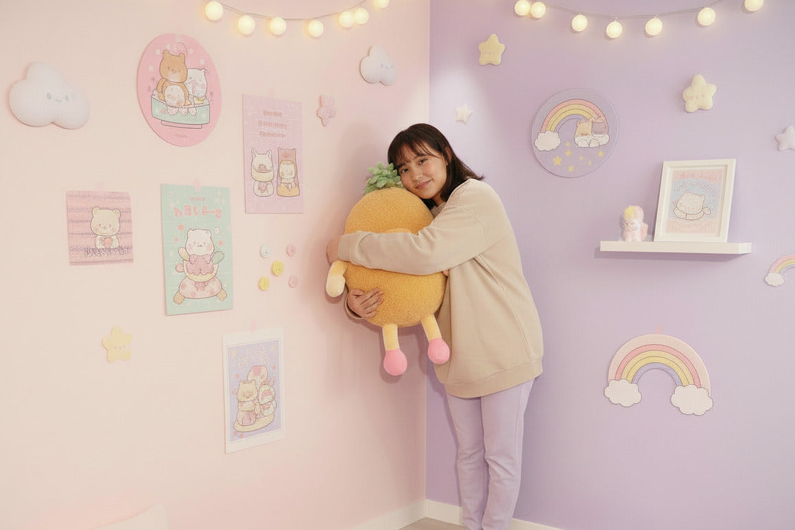 A woman in a cozy room with pastel pink and purple walls, hugging a large plush pineapple toy. The room is decorated with pastel wall art, string lights, and matching pastel rugs.