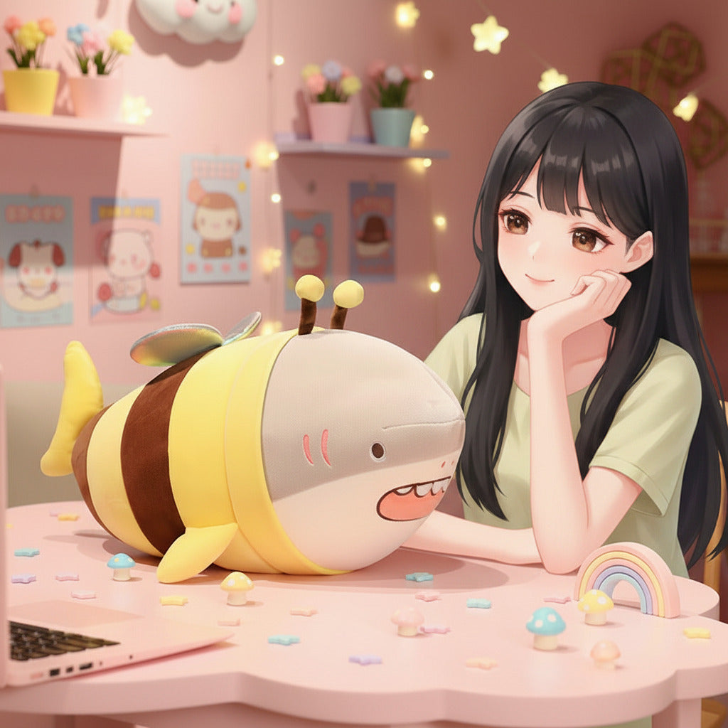 A woman sitting at a wooden table next to a large plush shark toy dressed as a bee, with a laptop in the foreground and framed wall art in the background.