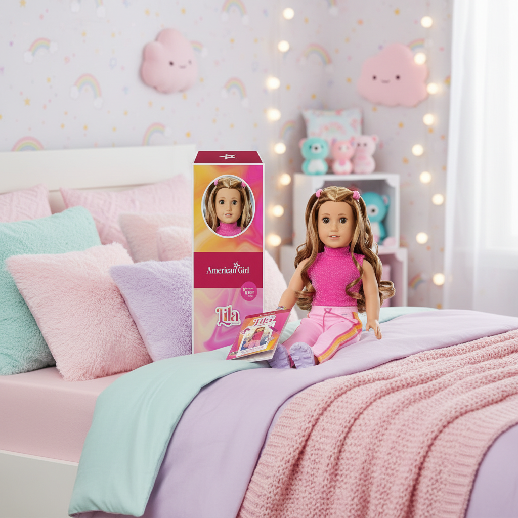 American Girl Lila doll with long wavy brown hair, a pink glittery top, and pink pants with orange and yellow stripes, shown with its pink retail box and a small 'My Journal' book on a white background.