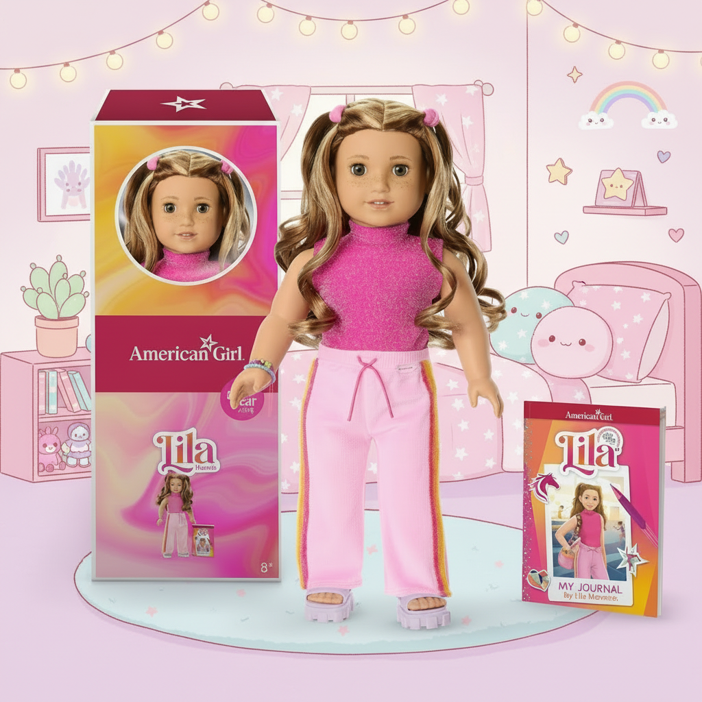 American Girl Lila doll with long wavy brown hair, a pink glittery top, and pink pants with orange and yellow stripes, shown with its pink retail box and a small 'My Journal' book on a white background.